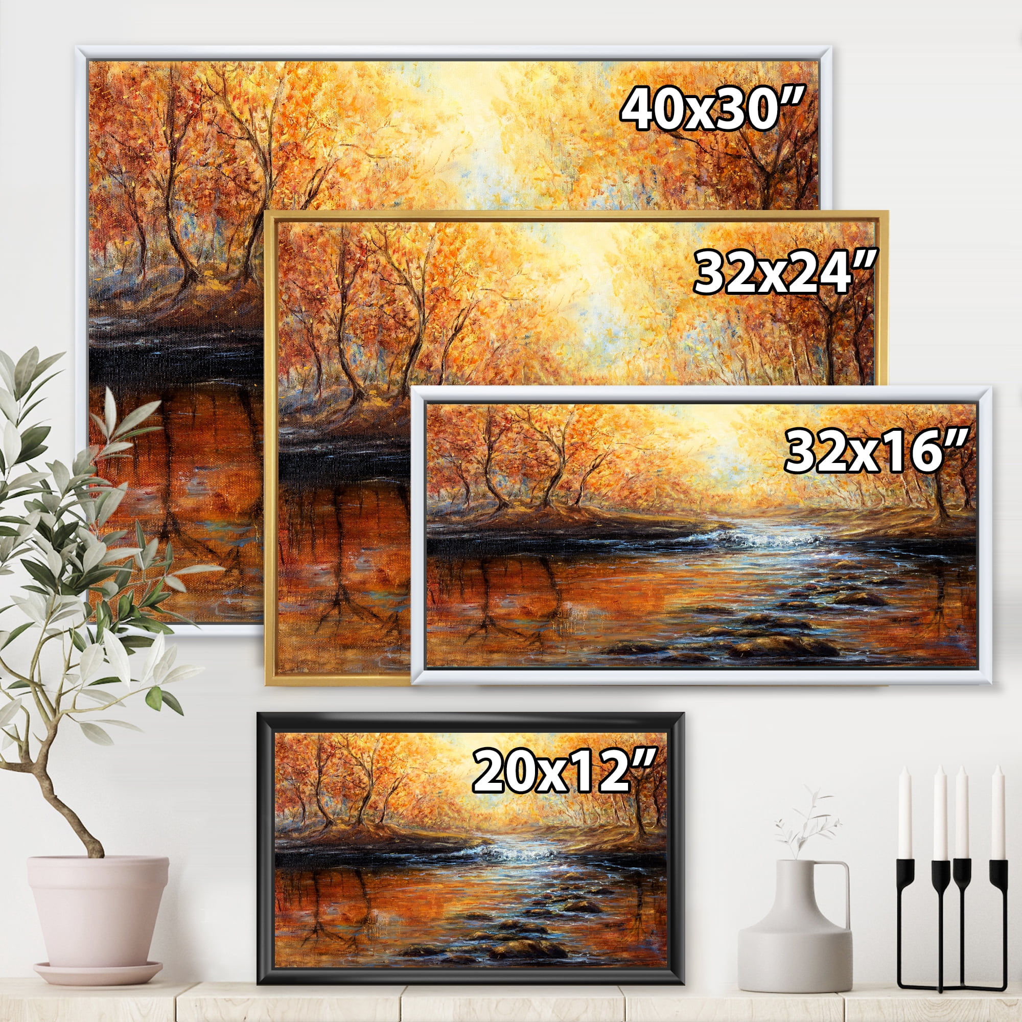Designart 'Sunrise Glow In The Autumn Forest' Lake House Framed Canvas Wall Art Print