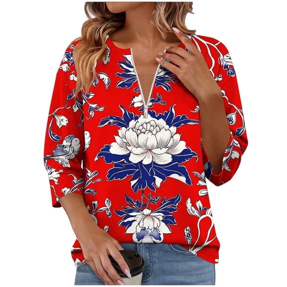 3/4 Sleeve T Shirts for Women Zip Up Mock Neck Tops Vintage Flowers T-Shirts Dressy Casual Loose Fit Blouses Summer Trendy Outfits
