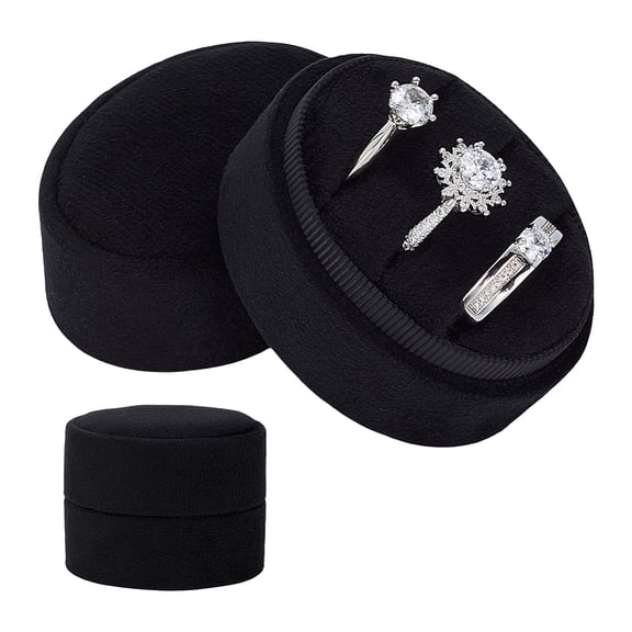 Velvet Ring Box 3 Slots Black Oval Jewelry Rings Storage 1.7x2.2x1.7 Inch Three Rings Holder for Engagement Wedding Bridal Ceremony Anniversary