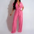 thumbnail image 2 of CheerKidz Women's Casual Tie-Front Jumpsuit,Short Sleeve Loose Fit Romper with Solid Color,Versatile Daily Wear(Hot Pink,S), 2 of 6