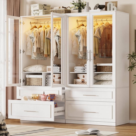 Armoire Wardrobe Closet with Glass Door and Drawers, Bedroom Storage Cabinet with Hanging Rod and LE