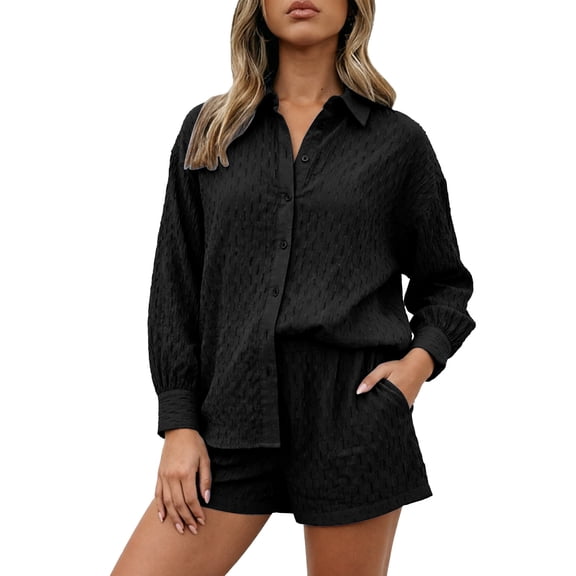 DHFJKG 2 Piece Summer Outfits Women Shorts Set Textured Long Sleeve Button Up Shirts And Shorts Loose Fit Matching Sets Stylish Outfit