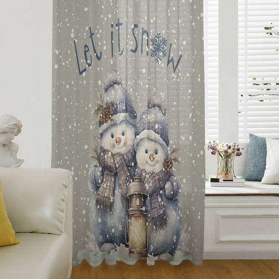 Christmas Snowman Semi Sheer Curtains Drapes for Living Room, Bedroom, French Doors Window 84 Inches Long, Winter Snowflake Grey Rustic Burlap Rod Pocket Chiffon Curtain Drapery Voile Drape Panel