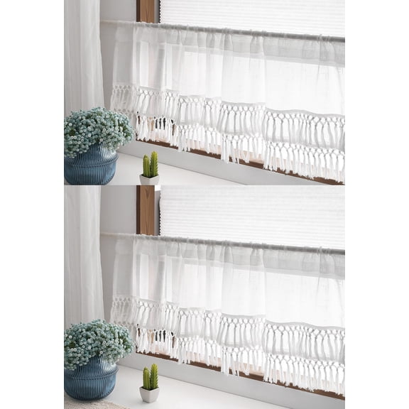 Tassels Valance Curtain Toppers Kitchen Window Boho Short Curtain Rod Pocket Semi-Sheer Ivory 60"X14" 2 pack