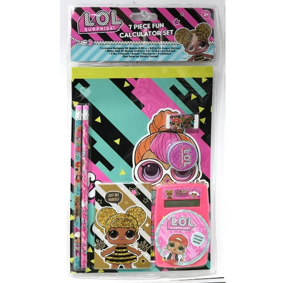 LOL 7pc Calculator Set in Bag w/header- PENCIL, NOTEPAD, ERASER, SHARPENER, & STICKER