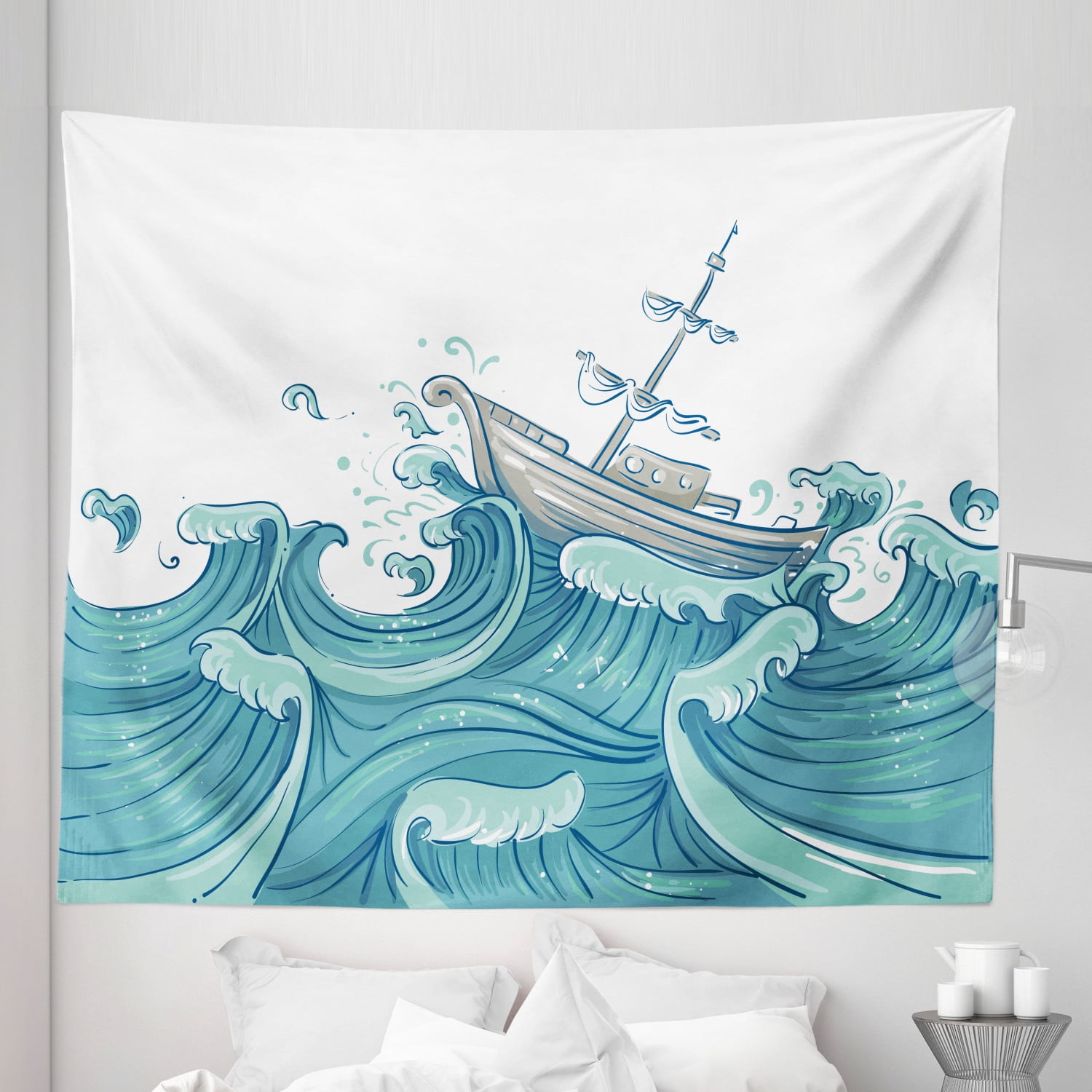 Nautical Tapestry, Ship Being Tossed by Giant Ocean Waves Aquatic Old ...