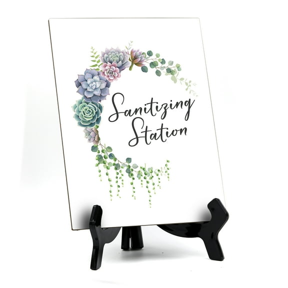 Signs ByLITA Sanitizing Station Sign with Easel, Floral Crescent Design (6" x 8")