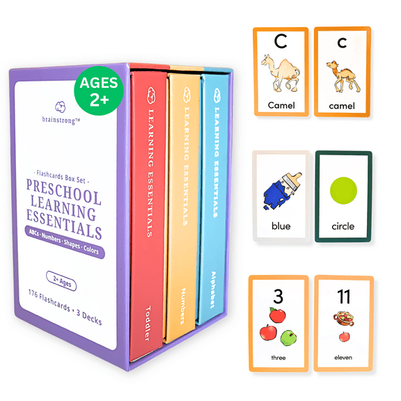 170 Preschool Flashcards | Letters, Numbers, Shapes, Colors | Brainstrong Learning Esssntials | Three Boxes, 170 Flash Cards