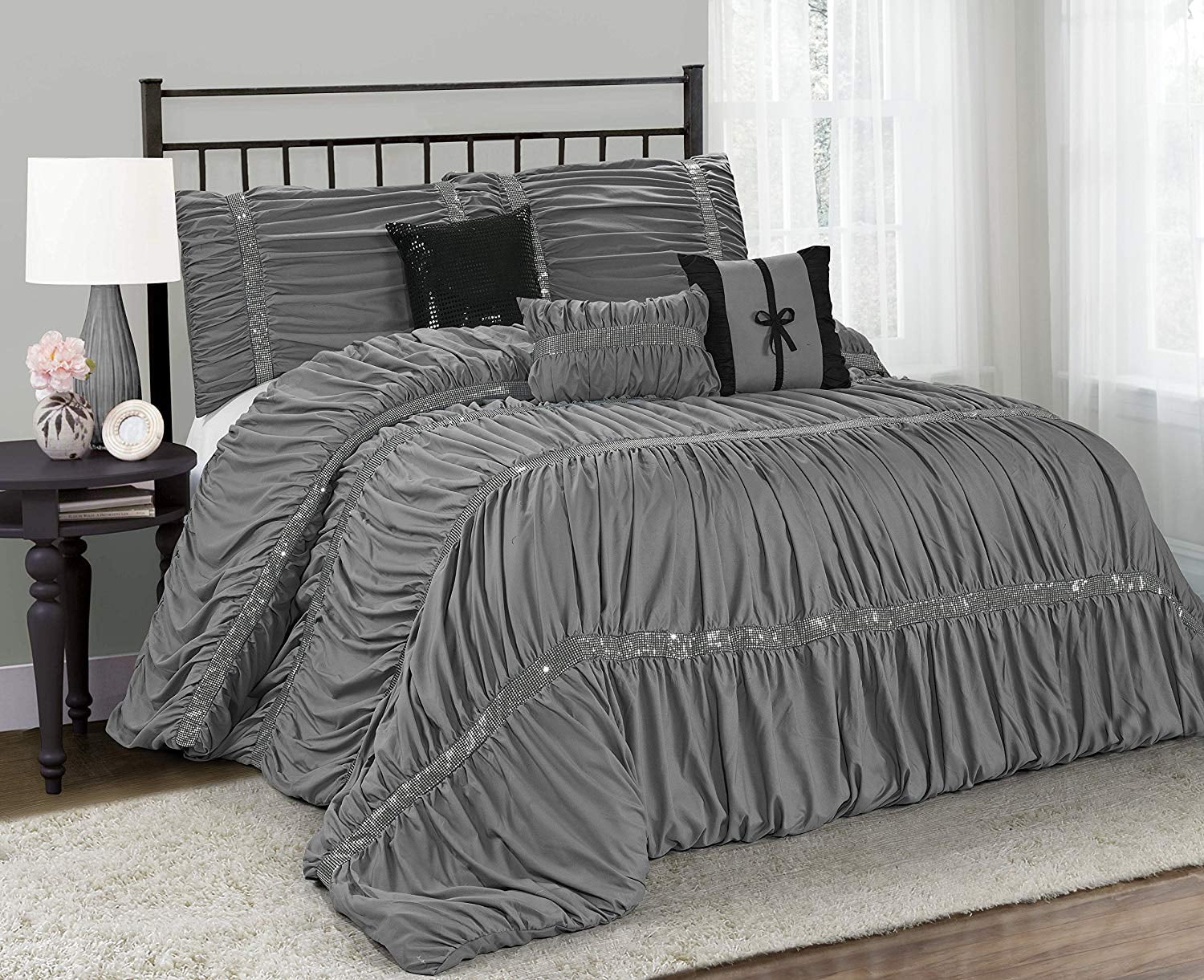 HIG 7 Piece Comforter Set King-Gray Microfiber Ruffles Gray Sequins ...