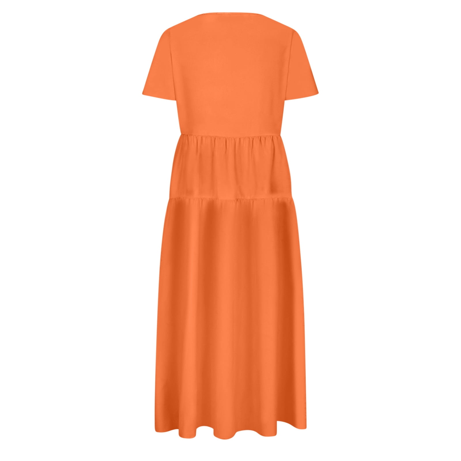 Hueook Casual Dresses for Women Women's Flower Solid Color Casual Short Sleeve Crewneck Dress Casual Flowy Tiered Maxi Beach Dress Orange 2X