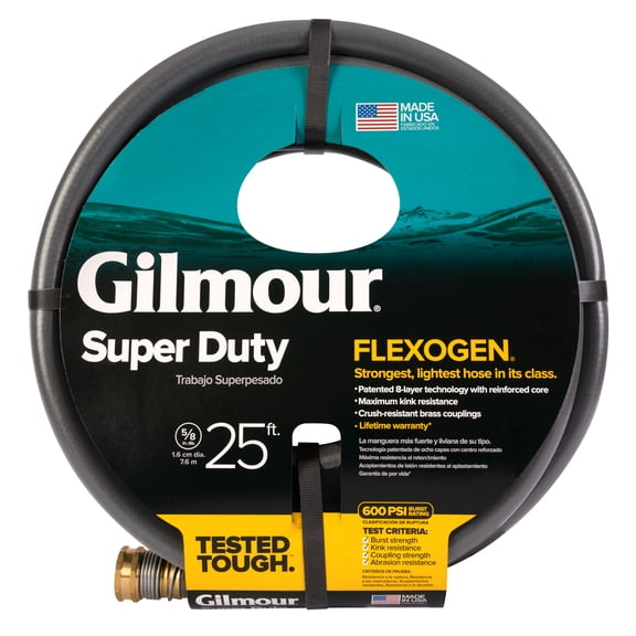Gilmour Heavy-Duty Garden Hose, 5/8" x 25', 600 PSI, 8-Layer Construction, Kink-Resistant Design with Brass Couplings