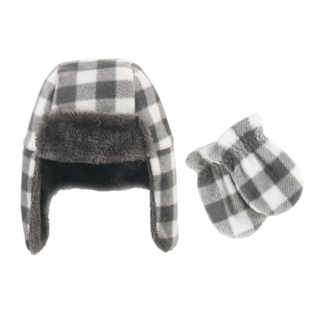 UPC: 0660168548822 | Hudson Baby Infant and Toddler Fleece Trapper Hat and Mitten 2pc Set  Charcoal White Plaid  0-6 Months