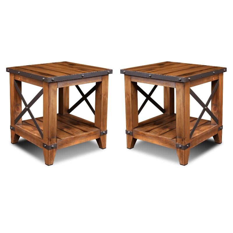 Home Square Contemporary Wood End Table with Shelf in Oak Set of 2
