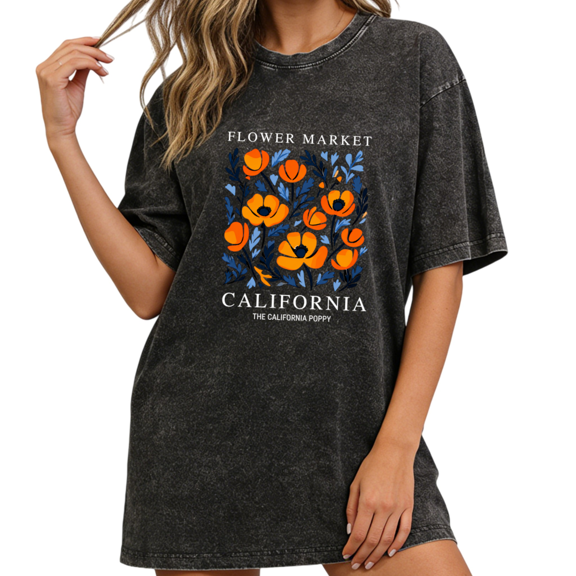 Giffimy Women's California Poppy Flower Market Graphic Oversized Short Sleeve T-shirt Floral Casual Washed Tee