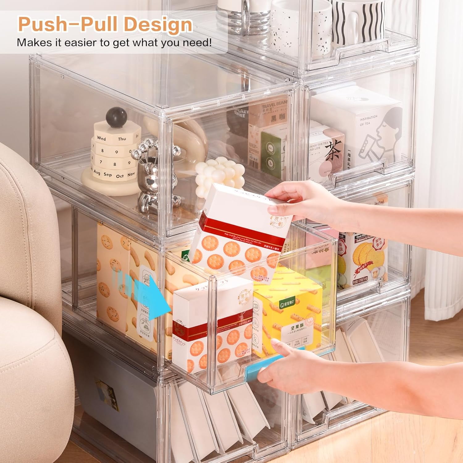 2 Packs Plastic Stackable Storage Organizer Bins with Pull Out Drawer,  Large Clear Acrylic Storage Drawers Container Boxes for Fridge Pantry Shelf Refrigerator Organization and Storage