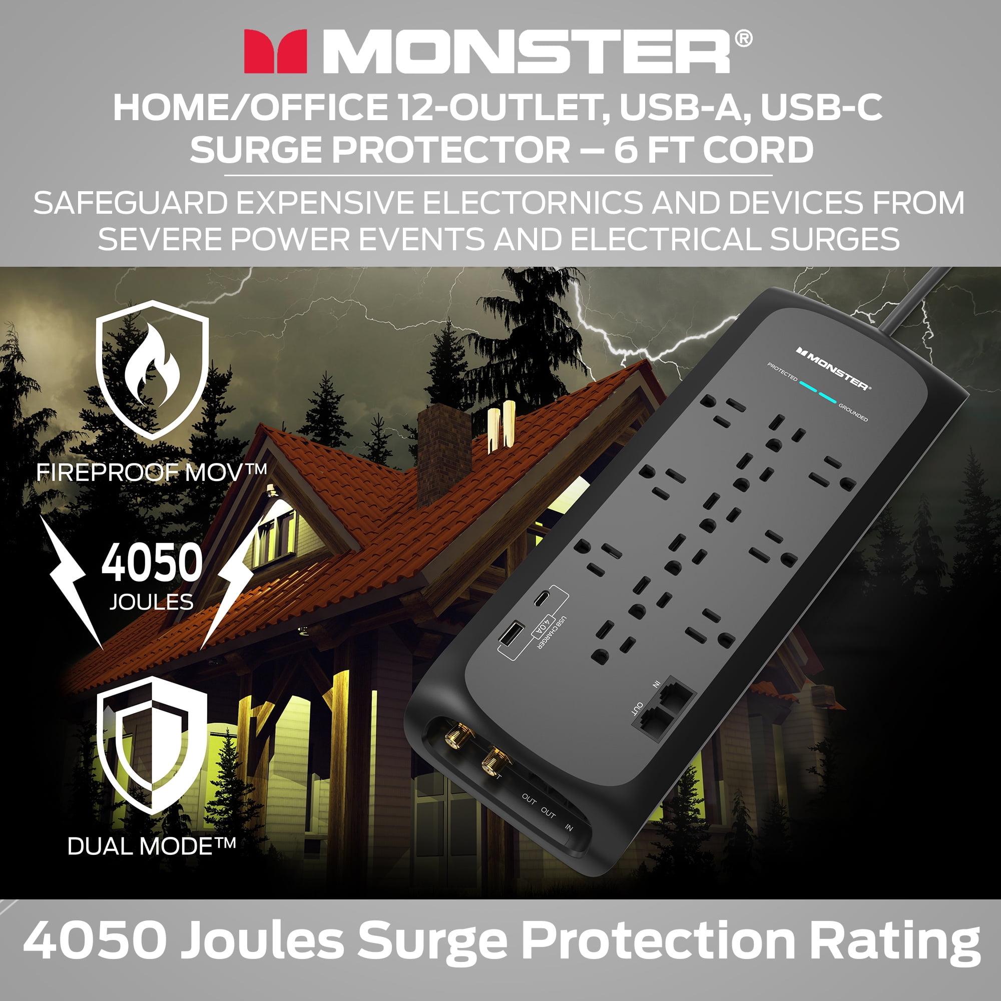 Monster 5007 Gauge 6' Black 12 Outlet Extension Cord