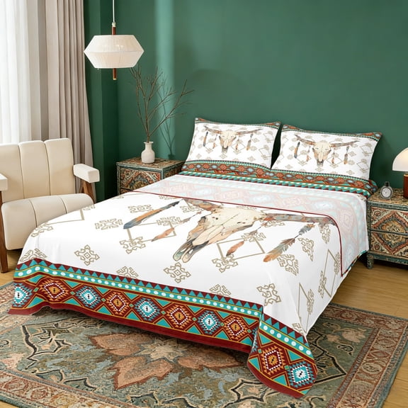 Erosebridal Vintage Cow Skull Full Size Sheets, Farmhouse Aztec Bed Sheets, 4-Piece 1 Flat Sheet, 1 Fitted Sheet and 2 Pillowcases