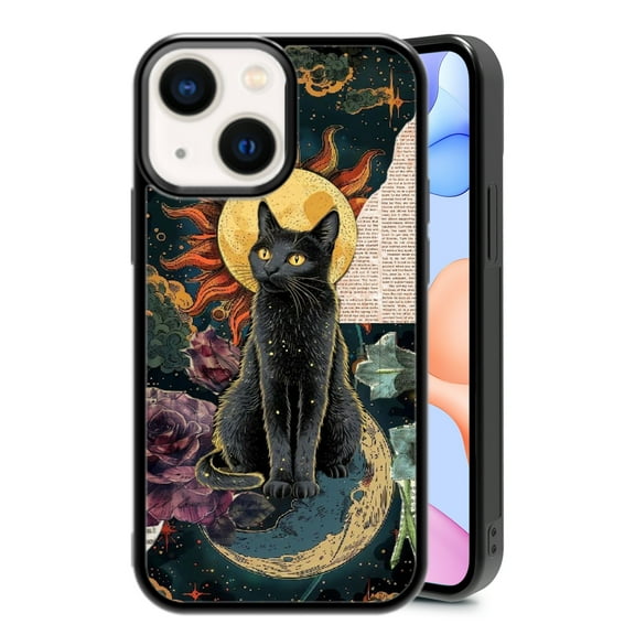 Black Cat Sun for iPhone 14/13 Case, Cute Aesthetic God Art Shock-Absorbent Protective,Black