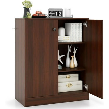 2-Door Storage Cabinet, Modern Floor Cabinet with 3-Tier Shelf, Freestanding Side Cabinet with Anti-Toppling Device, Storage Organizer for Living Room, Kitchen, Dining Room, Entryway (Brown)