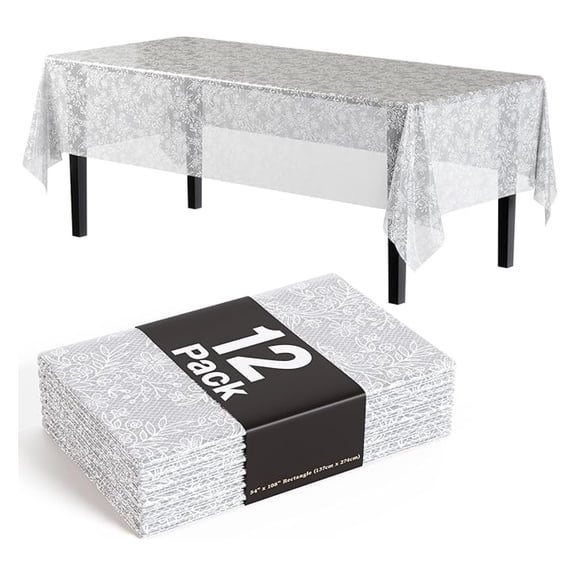 Lace Table Cloth Rectangle Table Plastic 12-Pack Lace Tablecloth Rectangular 54" X 108" | Clear & White Floral Tablecloth Disposable | Wild Flower Party Decorations & Party Supplies