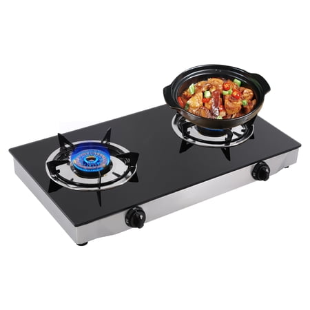 Portable Stainless Steel 2-Burner Propane Gas Cooktop Piezo Easy Ignition Outdoor Gas Stove 2.5KW Per Burner High Power Dual Gas Range for Camping Picnic RV Outdoor Cooking
