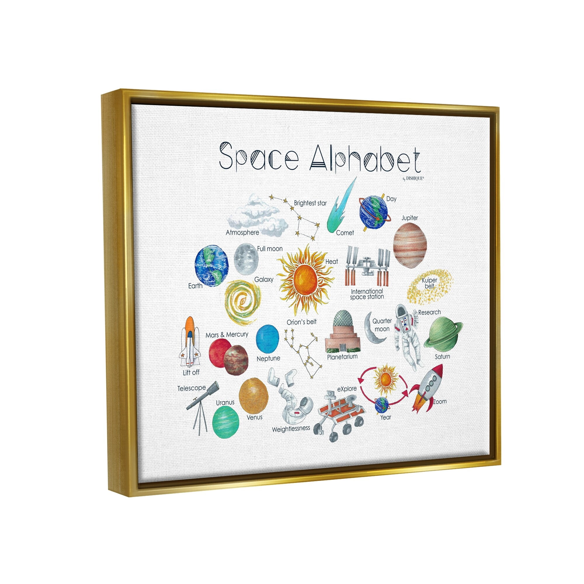Stupell Industries Outer Space Educational Alphabet Kids Learning Chart Graphic Art Metallic Gold Floating Framed Canvas Print Wall Art, Design by Dishique