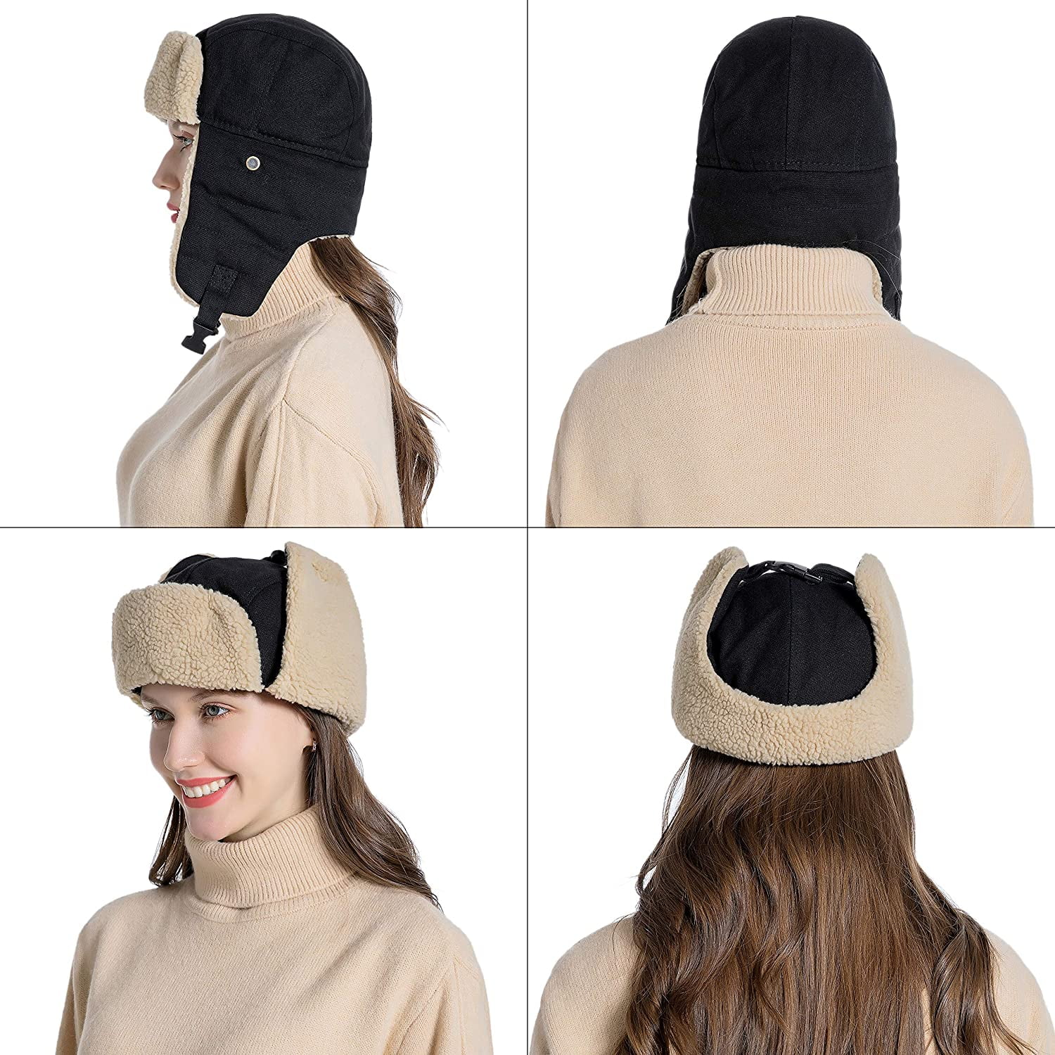 Muryobao Winter Hat Cold Weather Trapper Hat Outdoor Warm Windproof Ski Cap with Ear Flap Trooper Hunting Hats for Men Women Black