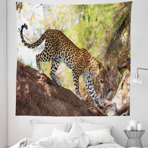 Zoo Tapestry, Leopard Panthera Pantus on Tree Nature Reserve Botswana Carnivore Animal, Fabric Wall Hanging Decor for Bedroom Living Room Dorm, 5 Sizes, Green Pale Brown White, by Ambesonne