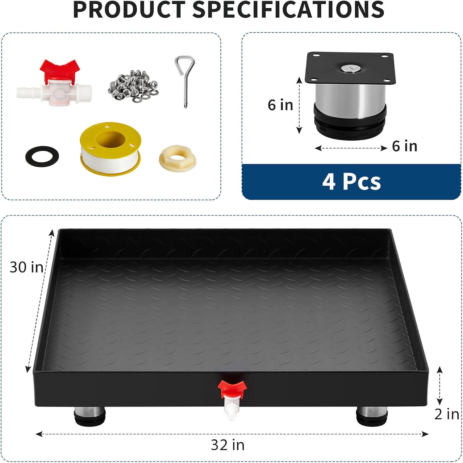 Studyset Heavy-Duty Carbon Steel Washing Machine Pan - 24x24x2in Rust-Free Water Damage Protection with 4 Anti-Vibration Feet, Easy Install No-Hole Design