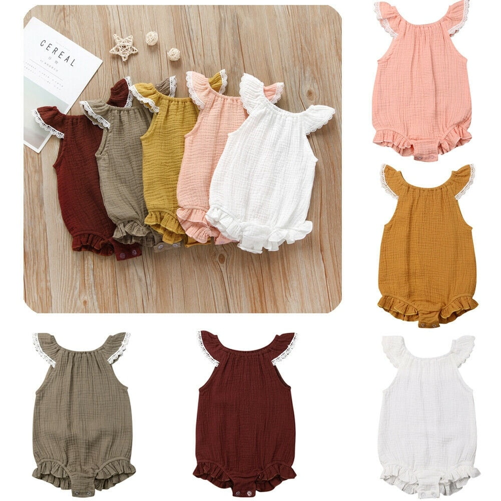 Suefunskry Infant Baby Girls Ruffle Sleeveless Backless Romper Bodysuit Bowknot Headband Outfits