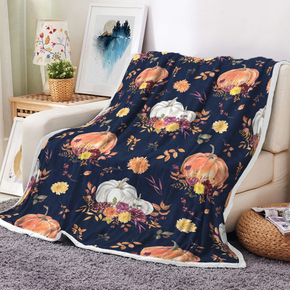 Fall Throw Blanke, Autumn Orange Pumpkins Leaves on Slate Blue