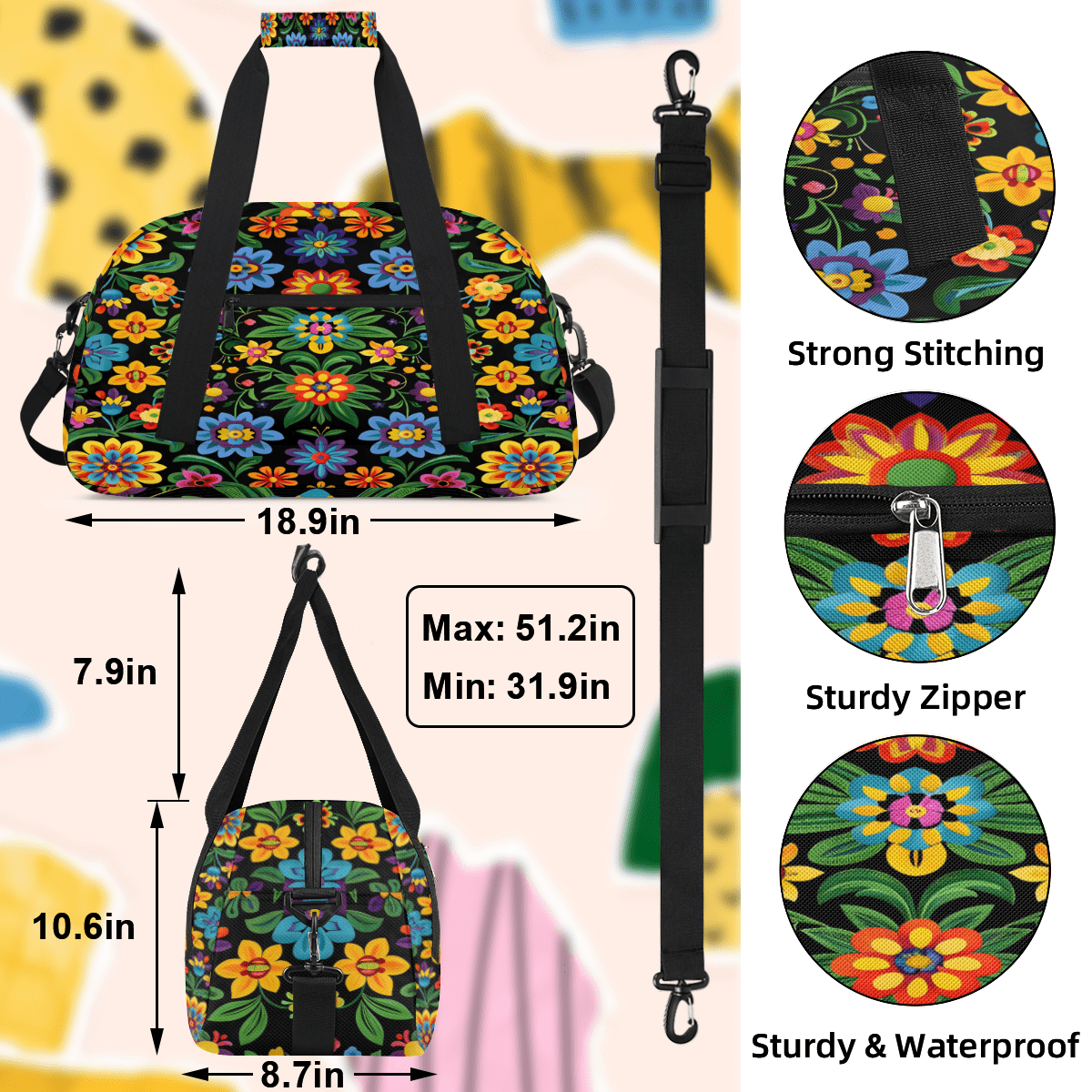 Herdesigns Sports Duffle Bags Travel Duffle Bag Gym Bag Mexico Floral Traditional Mexican Boho Weekender Travel Bag Waterproof Overnight Bag Carry On Travel Tote Bag Dance Bags