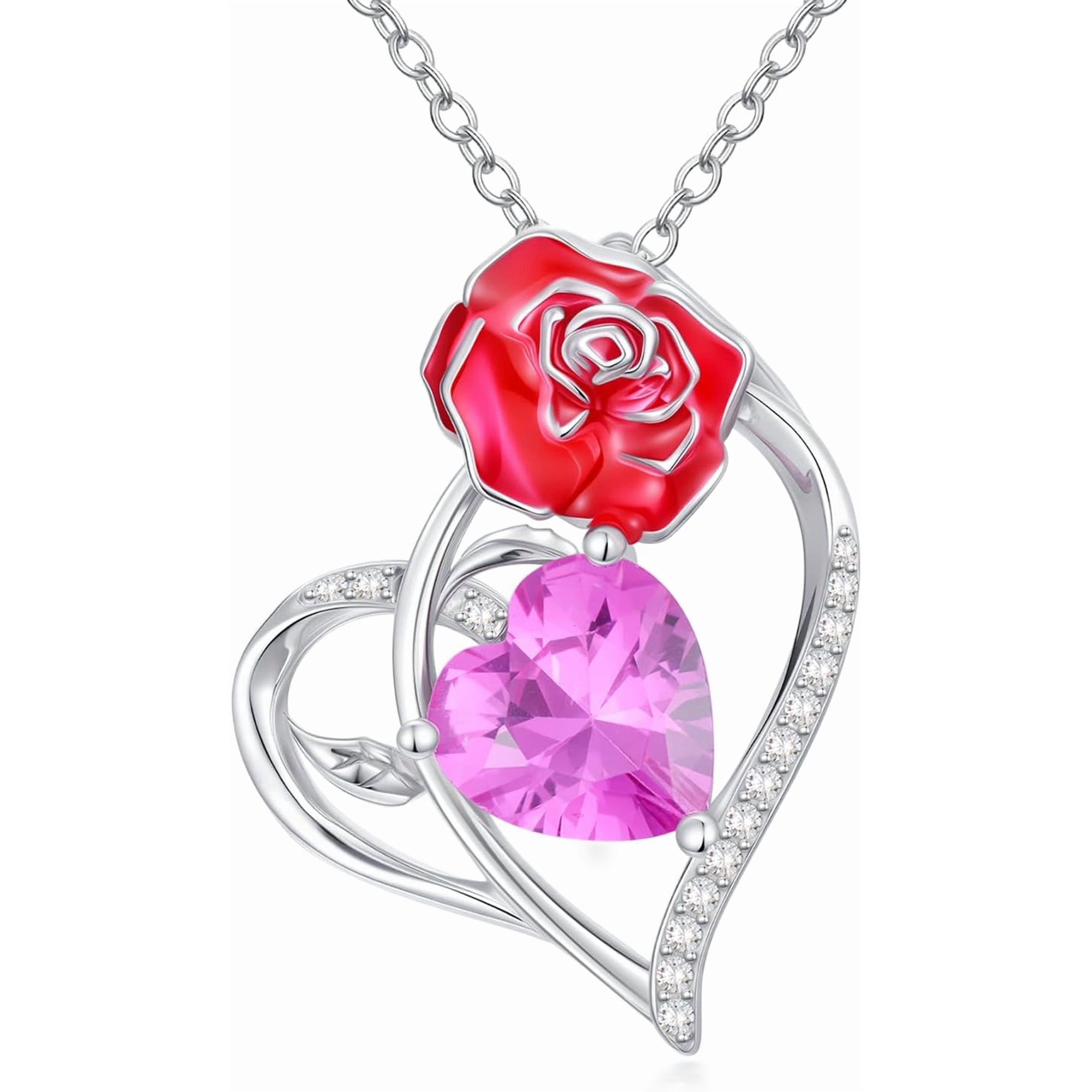 Birth Flower Necklaces 925 Sterling Silver Birthstone Necklace Birth Month Flower Necklace for Women Floral Heart Pendant Jewelry Birthday Gifts for Mother Wife Friends