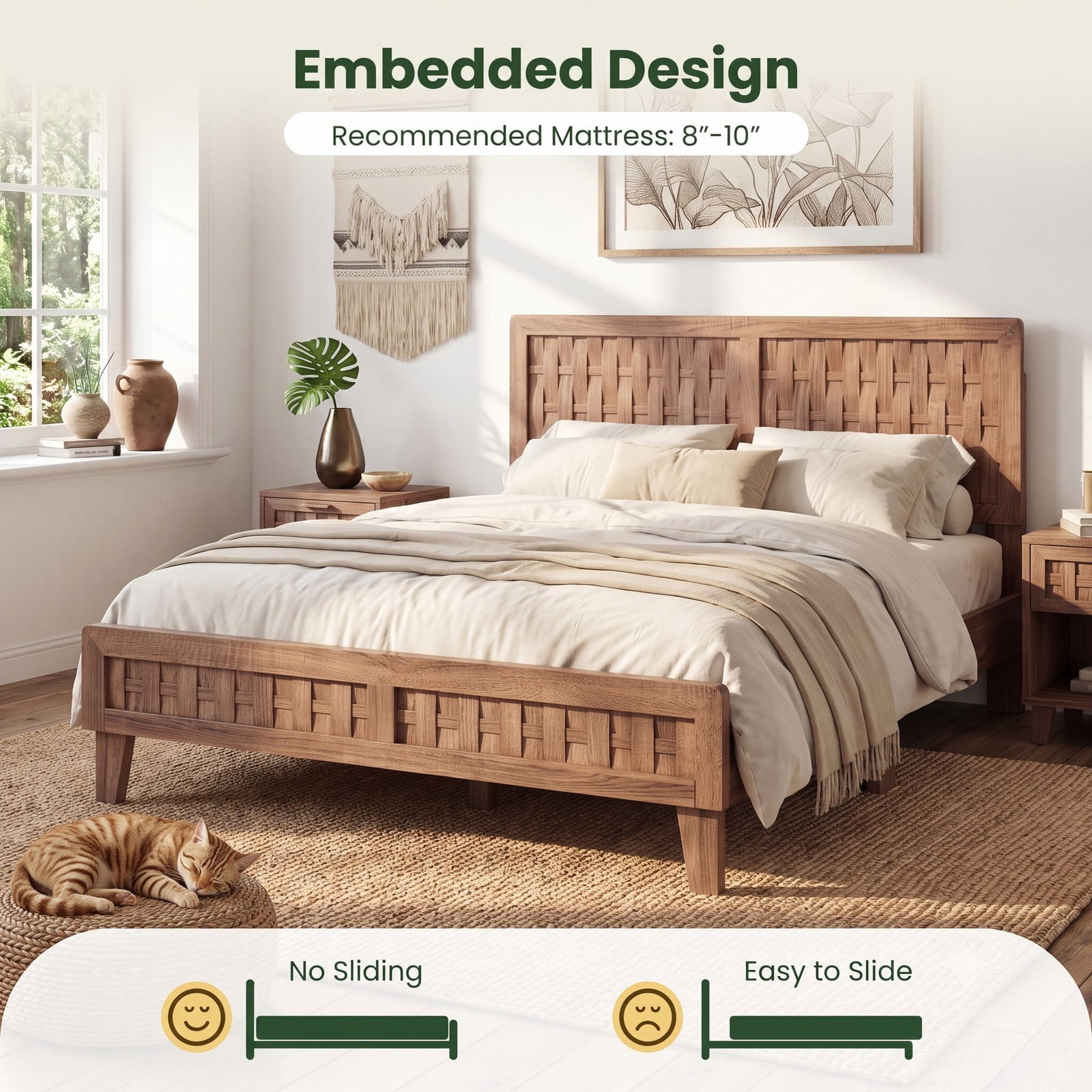 Furnibear Full Size Bed Frame Wood Platform Bed Frame with Woven Accent Headboard and Footboard and 12 Plywood Slats, Walnut