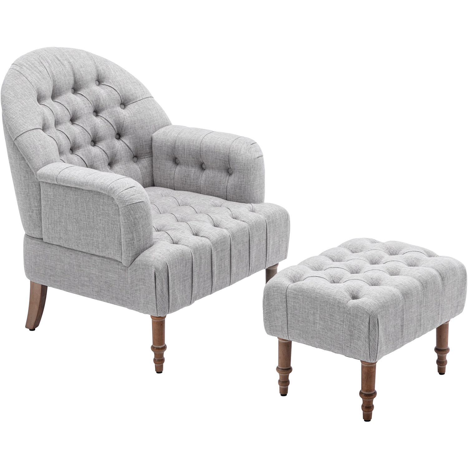 Kadyn Arm Chair for Bedroom, Mid Century Accent Chair with Linen Fabric and Ottoman, Button-Tufted Upholstered Chair Set, Gray