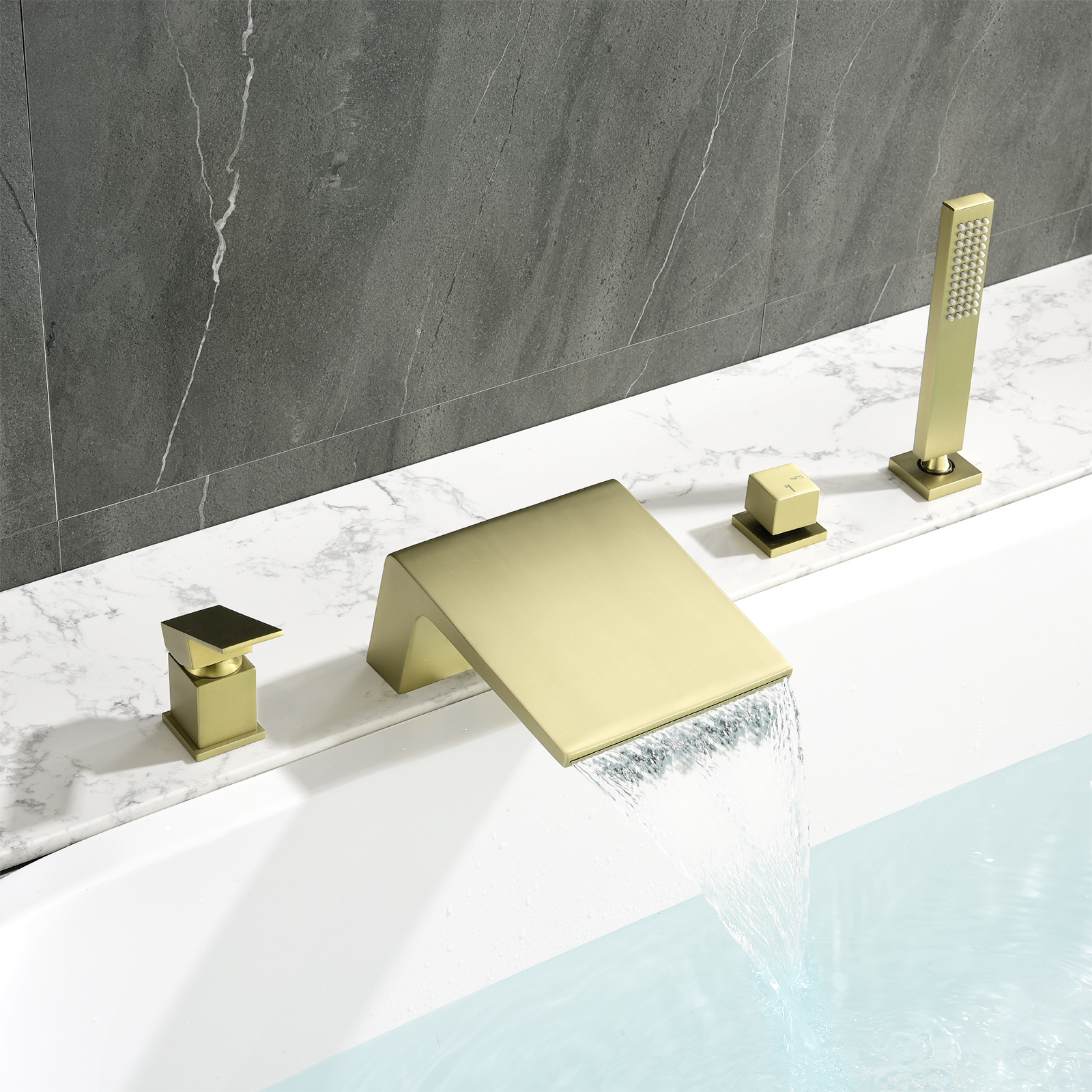 Cobbe Single Handle Bathroom Bathtub Shower Faucet Set with Handheld Sprayer and 5.91-Inch Wide Waterfall Bathtub Spout Brushed Gold