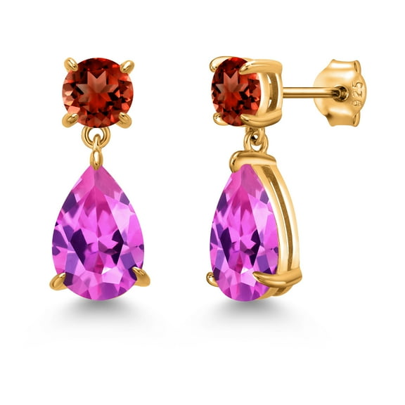 Gem Stone King 18K Yellow Gold Plated Silver Pink Created Sapphire and Red Garnet Earrings for Women | 9.26 Cttw | Gemstone September Birthstone | Pear Shape 12X8MM