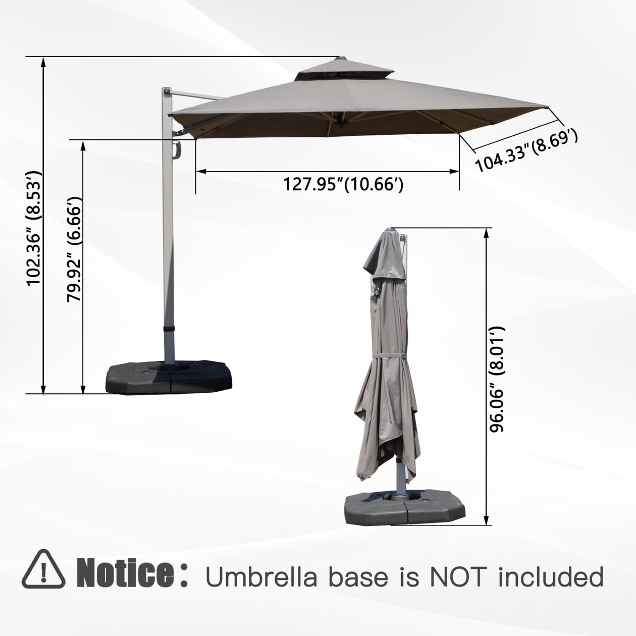 9'x 11' Offset Cantilever Patio Umbrella, 360° Rotation Rectangle Market Umbrella with 5-Position Tilt, 2-Tier Outdoor Table Umbrella with 9 Sturdy Ribs for Backyard, Pool, Gray (No Base)