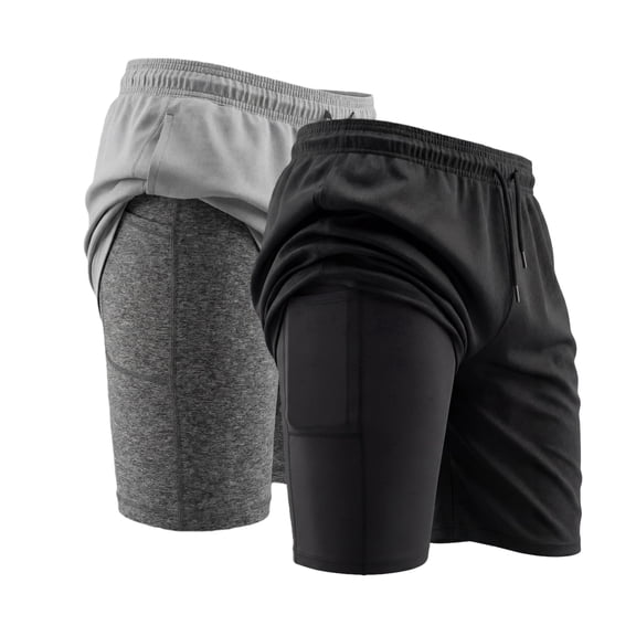 YUSHOW Mens 2 in 1 Running Workout Shorts Quick Dry Athletic Shorts with Liner and Pockets, 2 Pack, L