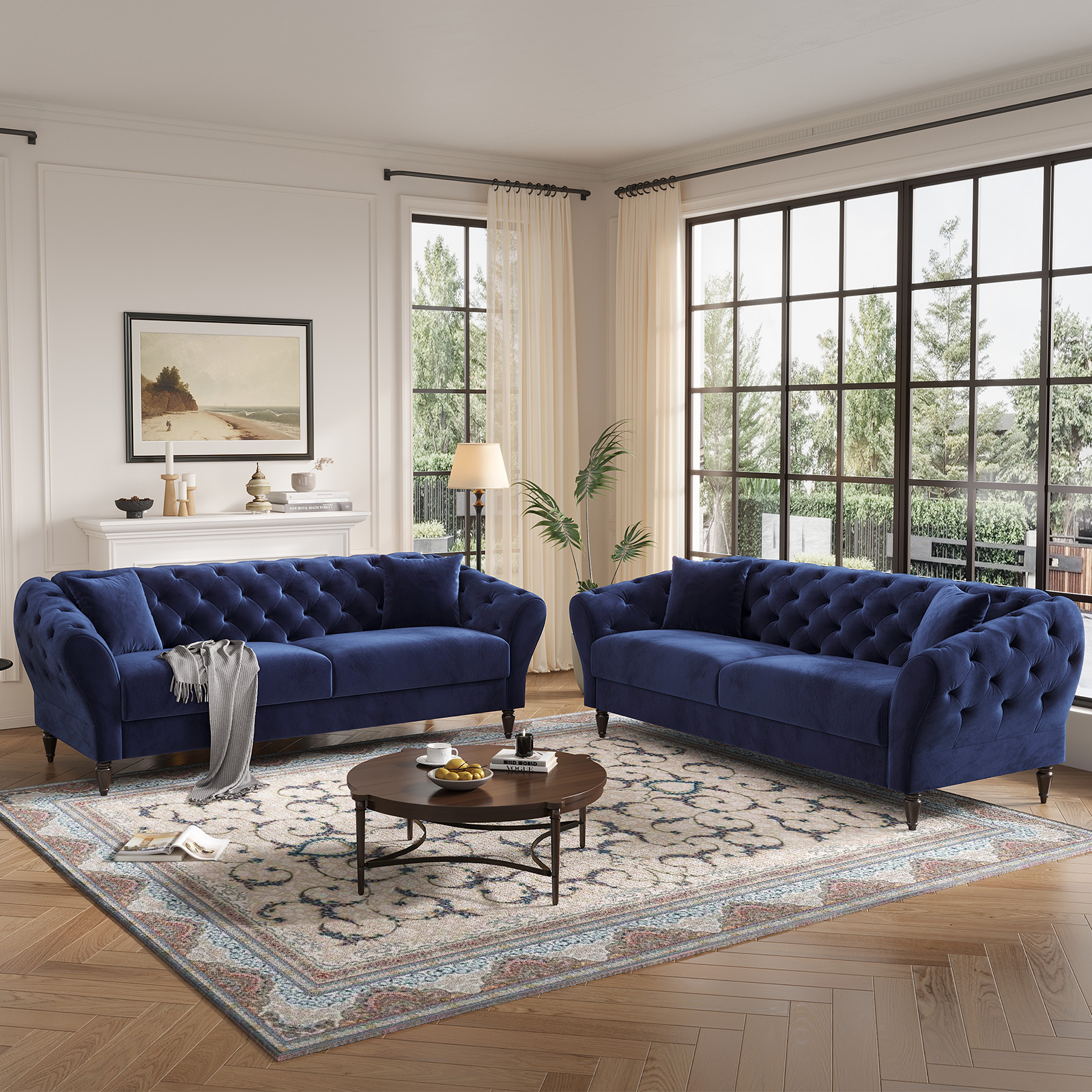 COPIAE 82 Inch Chesterfield loveseat Sofa,Tuxedo Arms Modern Couch Sturdy and Easy Installation, Small Sofa for Living Room Bedroom Office and Apartment,Velvet Fabric Blue