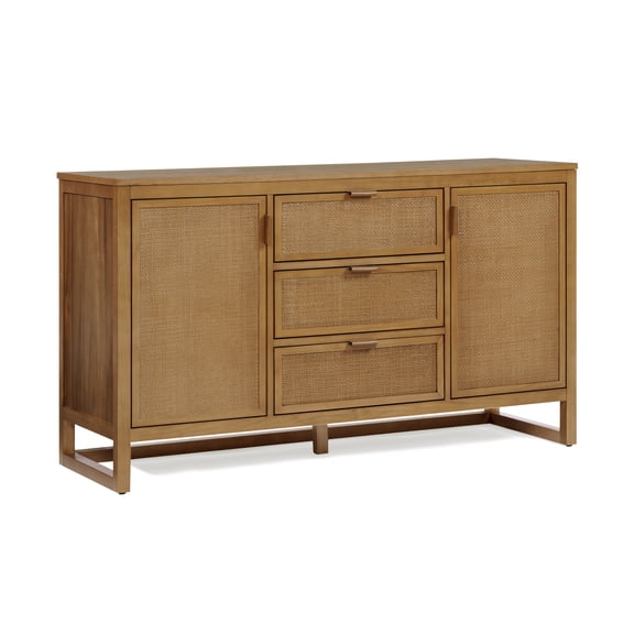 Teamson Home Hatteras 56" W Sideboard Cabinet with 2 Rattan Inlay Doors & 3 Drawers, Adjustable Shelf & Generous Storage in Coastal Modern Style, Solid Pine Frames & MDF with Rattan, Natural Finish