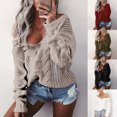 thumbnail image 5 of Women Long Sleeve Chunky Cable Knit Sweater Deep V-Neck Off Shoulder Pullover Tops Solid Color Loose Jumper Shirt, 5 of 19