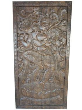 Mogul Dancing Krishna Handcarved Vintage Fluting Krishna Wall Sculpture Panel Barn Door Yoga Decor