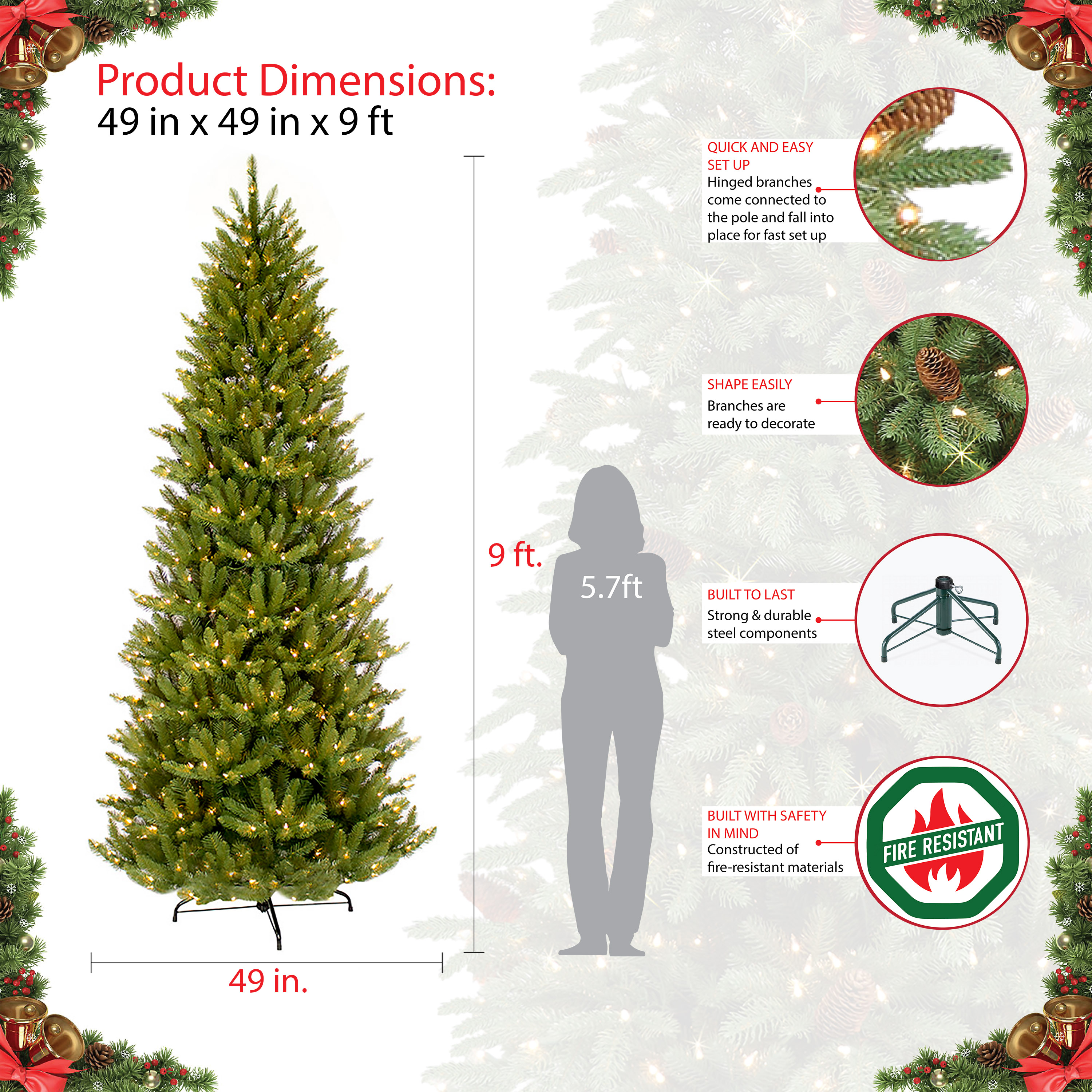 9 ft. Pre-lit Slim Fraser Fir Artificial Christmas Tree 800 UL listed ...