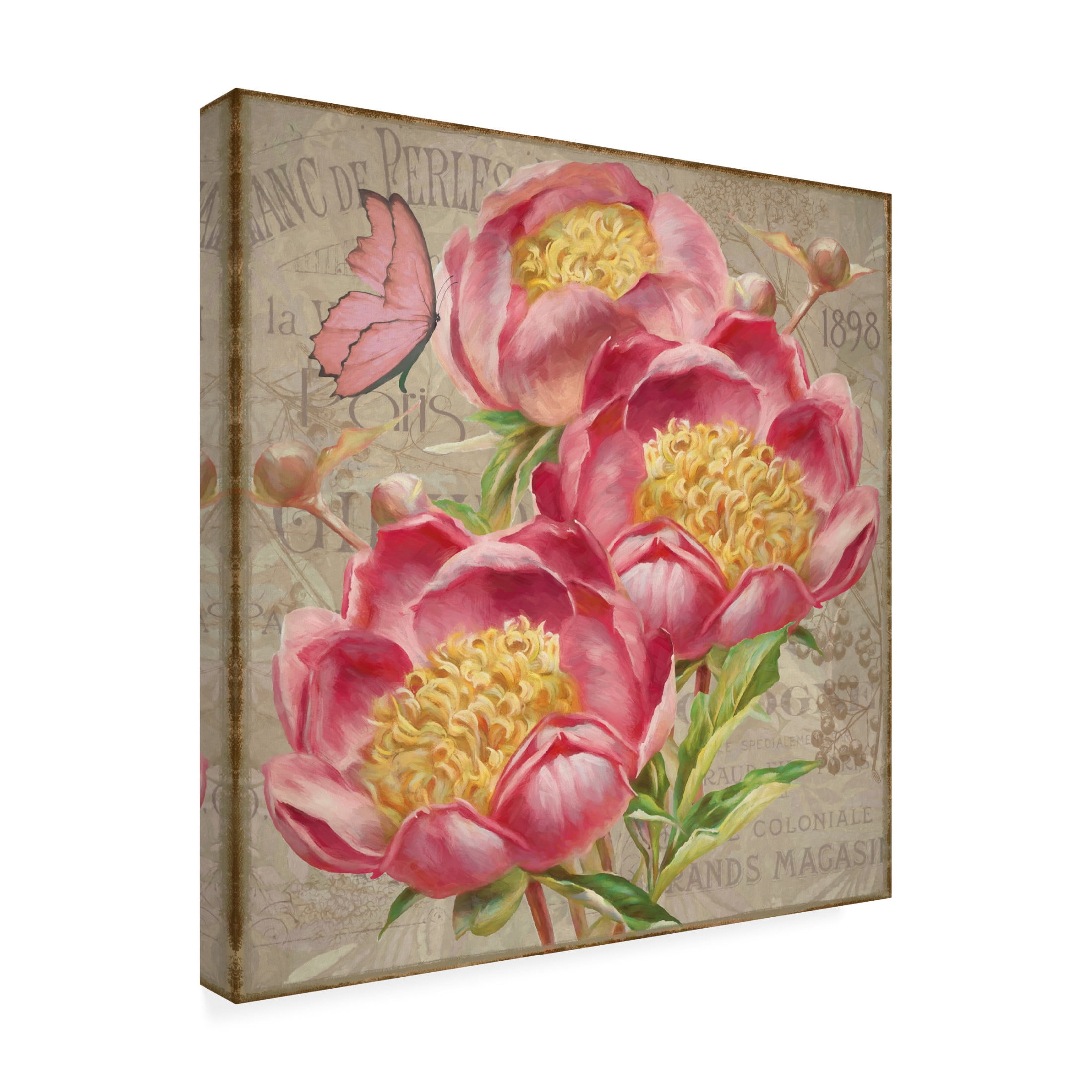Canvas Wall Art - Cora Niele 'Pink Peonies And Butterfly' Wall Art for Living Room, Bedroom, or Office Décor by Trademark Fine Art - 18 x 18 Inches
