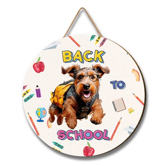 Back to School Cute Airedale Terrier Round Wood Sign Dale Waterside Dog Lover Hanging Wall Home Decor - 13010