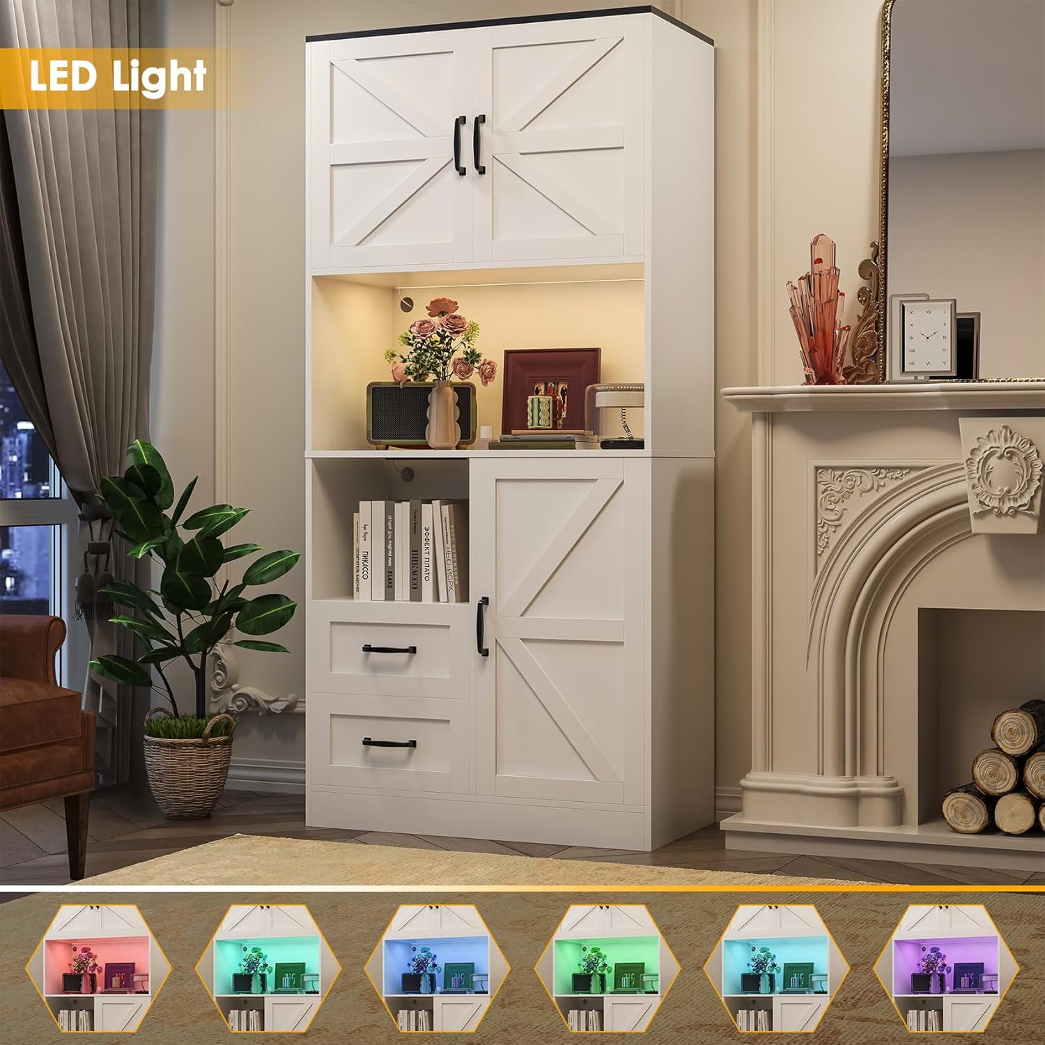 Winkalon 68'' Kitchen Pantry Hutch with Charging Station and LED Light, Buffet Storage Cabinet with Adjustable Shelves, White