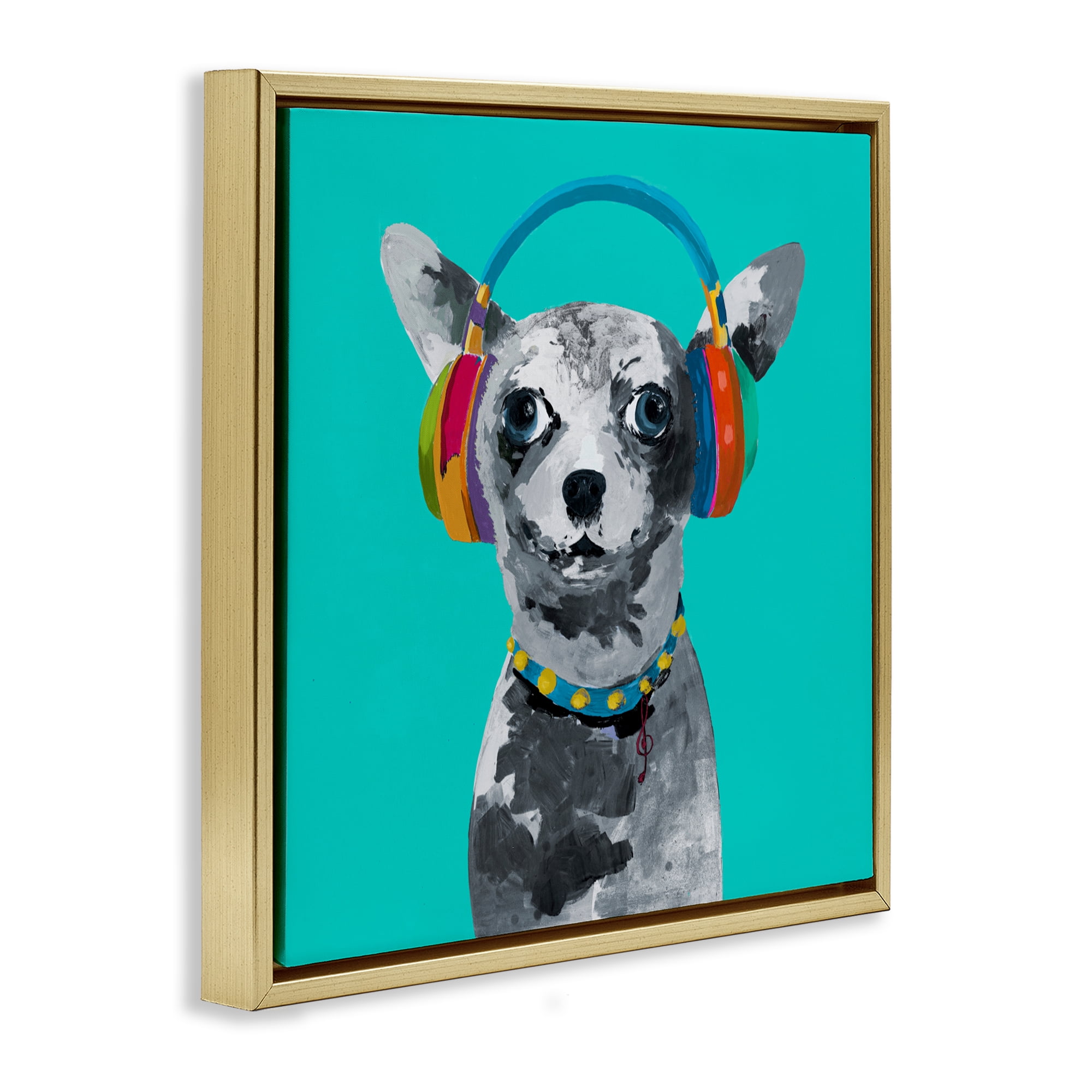 Stupell Industries Jammin' Pup on Blue Gold Framed Floater Canvas Wall Art, design by Lorenzo Collective