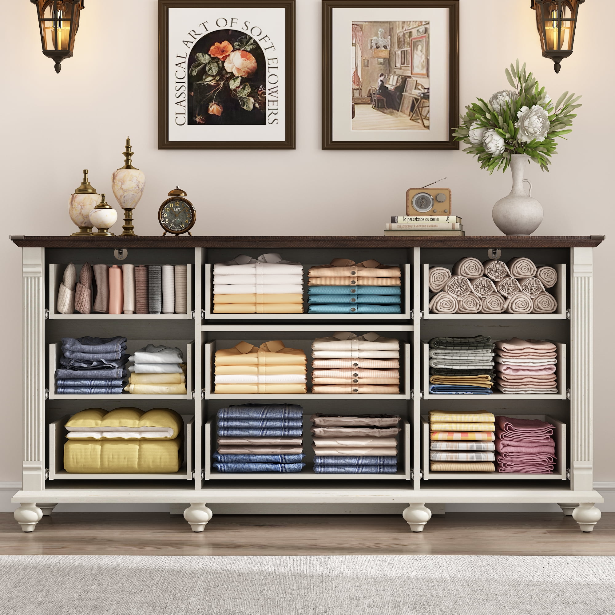 Blotout 9 Drawer Dressers for Bedroom, Farmhouse Dresser with 6 Solid Wood feet, 63" Wide White Dresser Wooden Dresser Rustic Chest of Drawers Long Dresser