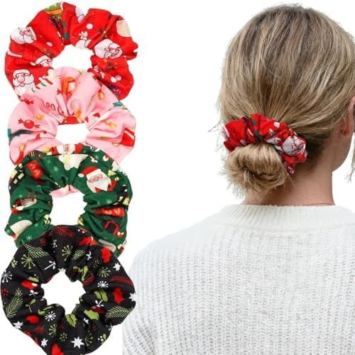 Christmas Hair Scrunchies for Women Girls Green  Santa Claus Snowman Bell Snowflake Hair Ties Xmas Cute Elastic Scrunchy Ponytail Holder Hair Accessories Christams Gifts